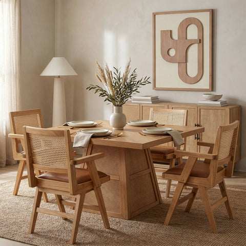 Vale 54.25" Natural Cane, Oak Veneer And Solid Wood Dining Table, 1 Piece
