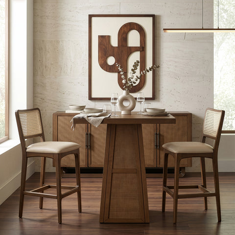 Vale 36.25" Brown Cane, Oak Veneer And Solid Wood Bar Height Table, 1 Piece