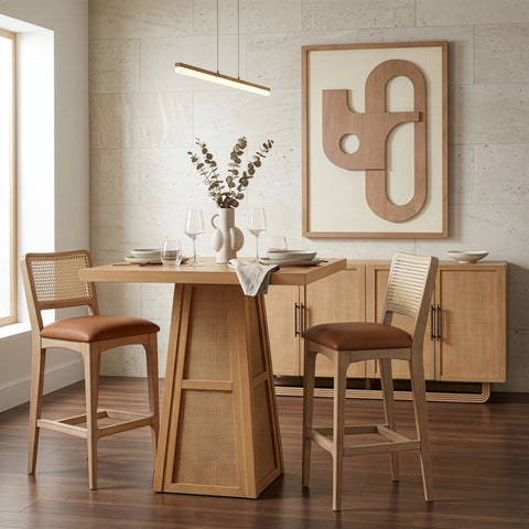 Vale 36.25" Natural Cane, Oak Veneer And Solid Wood Bar Height Table, 1 Piece