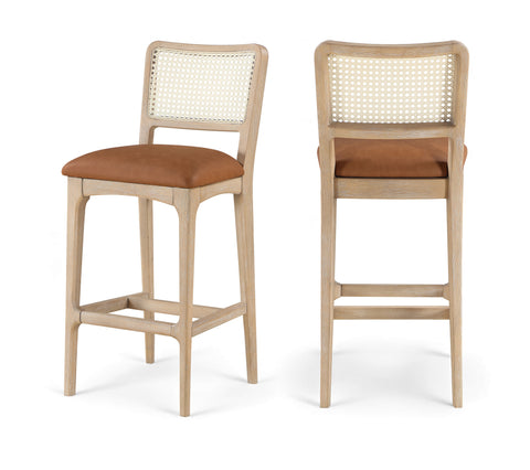 Harlow Cognac Cane Back And Vegan Leather Upholstered Bar Stool, 2-Piece