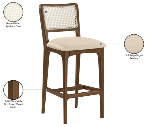 Harlow Beige Cane Back And Vegan Leather Upholstered Bar Stool, 2-Piece