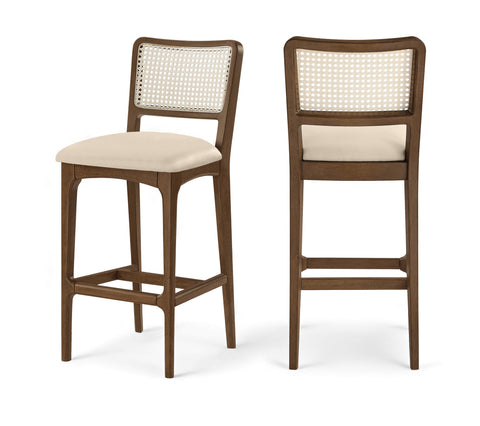 Harlow Beige Cane Back And Vegan Leather Upholstered Bar Stool, 2-Piece