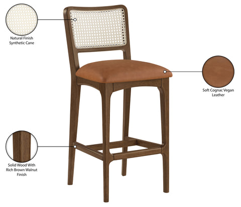 Harlow Cognac Cane Back And Vegan Leather Upholstered Bar Stool, 2-Piece (Style 2)