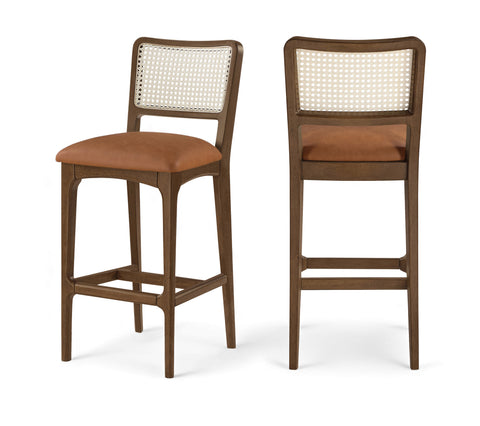 Harlow Cognac Cane Back And Vegan Leather Upholstered Bar Stool, 2-Piece (Style 2)