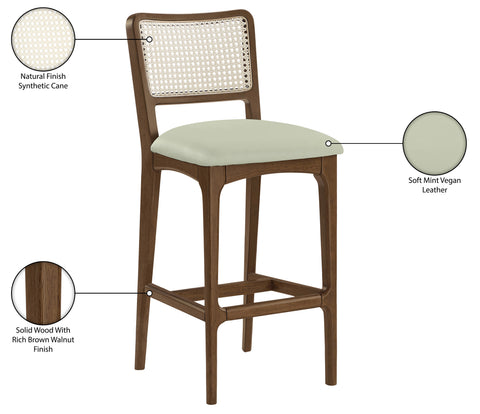 Harlow Mint Cane Back And Vegan Leather Upholstered Bar Stool, 2-Piece