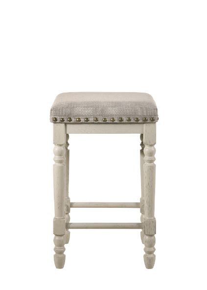 green tasnim counter height stool (set-2), tan fabric & antique white finish