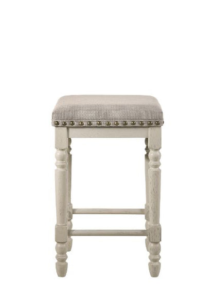 Green Tasnim Counter Height Stool (Set-2), Tan Fabric & Antique White Finish