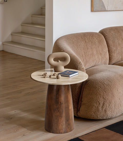Nova Beige Genuine Marble And Mango Wood End Table, 1 Piece