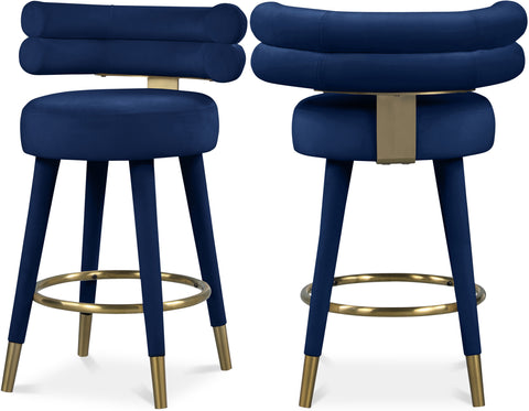Mira Navy Velvet Upholstered Counter Stool, 2-Piece