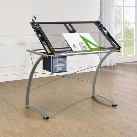 Littleton 41-inch Glass Top Drafting Table with Storage SilverSilver