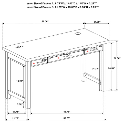 Reseda 55-inch 3-drawer Writing Desk with Power Outlet Light Ash