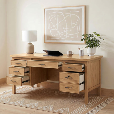 Reseda 66-inch 7-drawer Computer Desk with Power Outlet Light Ash
