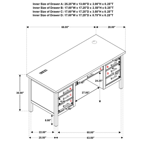 Reseda 66-inch 7-drawer Computer Desk with Power Outlet Light Ash