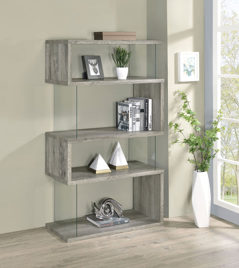 Bryce 63-inch 4-shelf Glass Panel Bookshelf Grey DriftwoodGrey Driftwood