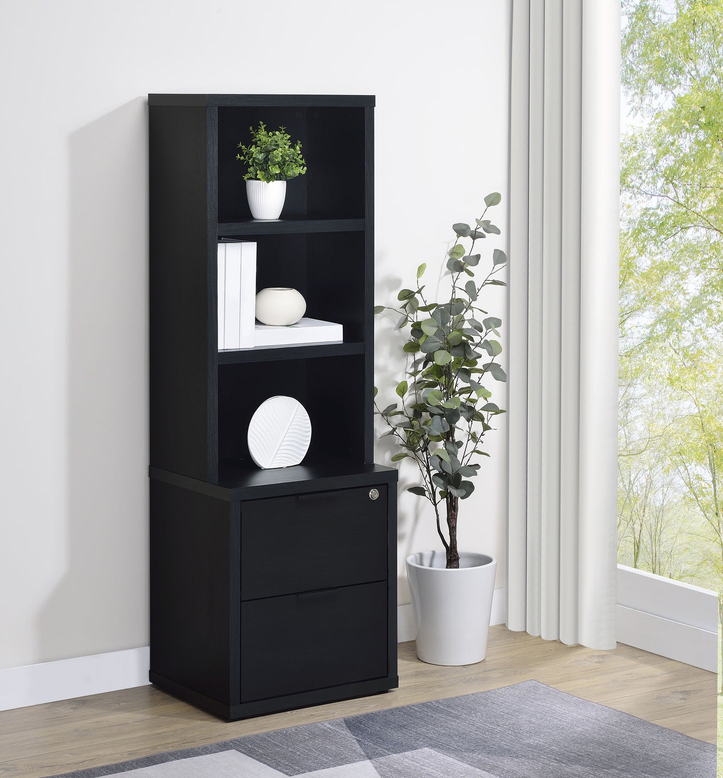 elena 3-shelf bookcase usb and lockable drawer black