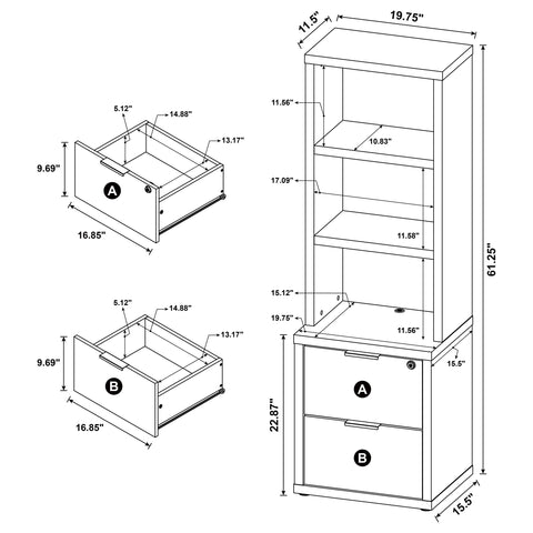 Elena 3-shelf Bookcase USB and Lockable Drawer Black