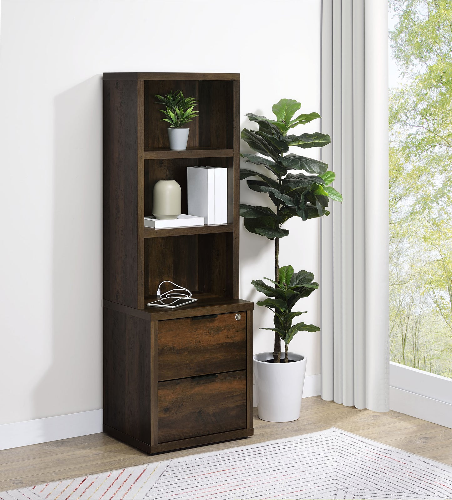 elena 3-shelf bookcase usb and lockable drawer dark pine