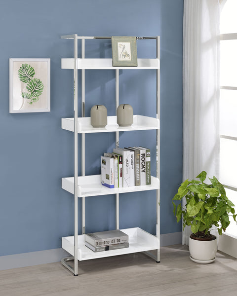 Warner 68-inch 4-shelf Bookshelf White High Gloss and ChromeWhite High Gloss