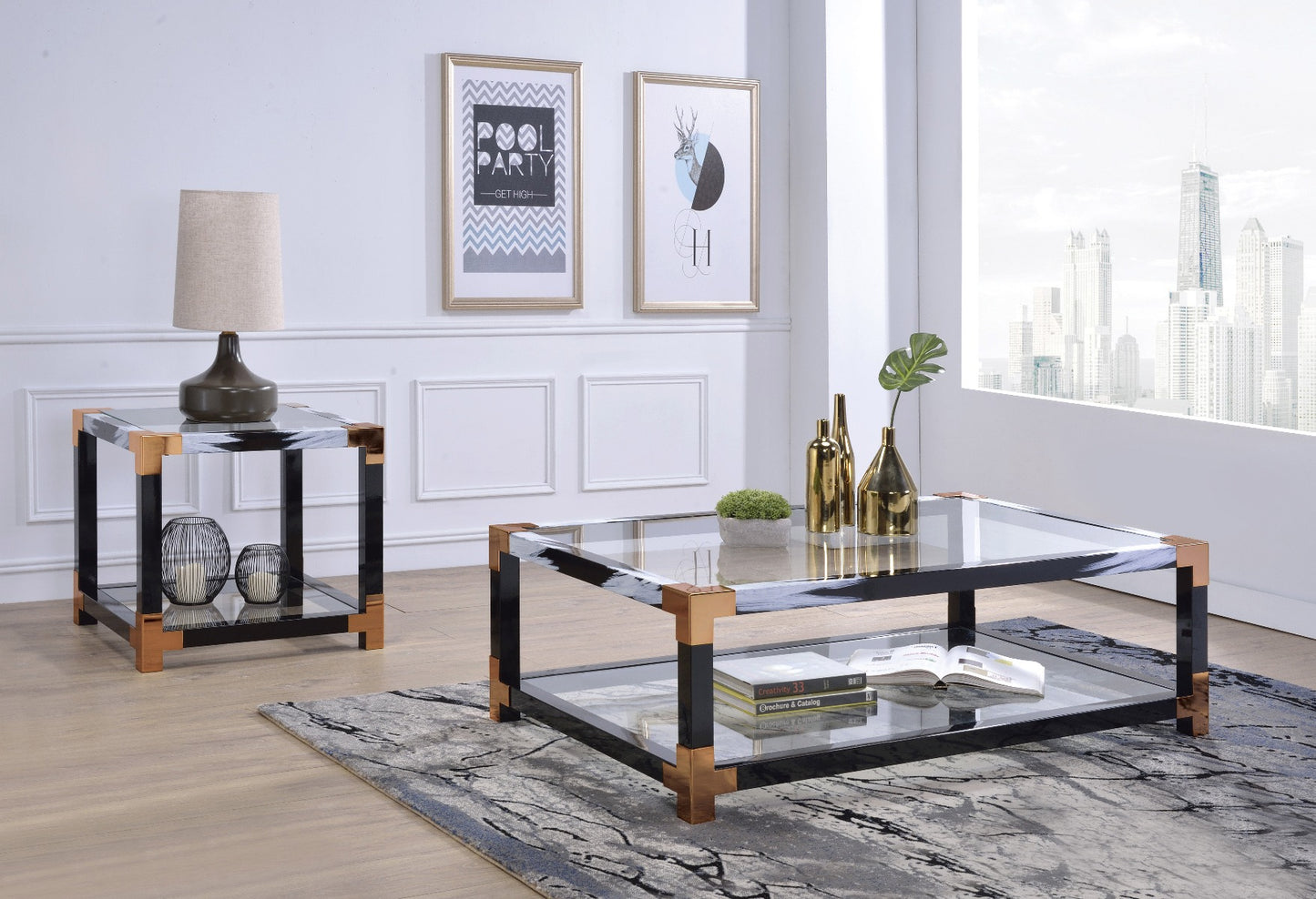 harel coffee table, clear glass & white brushed finish