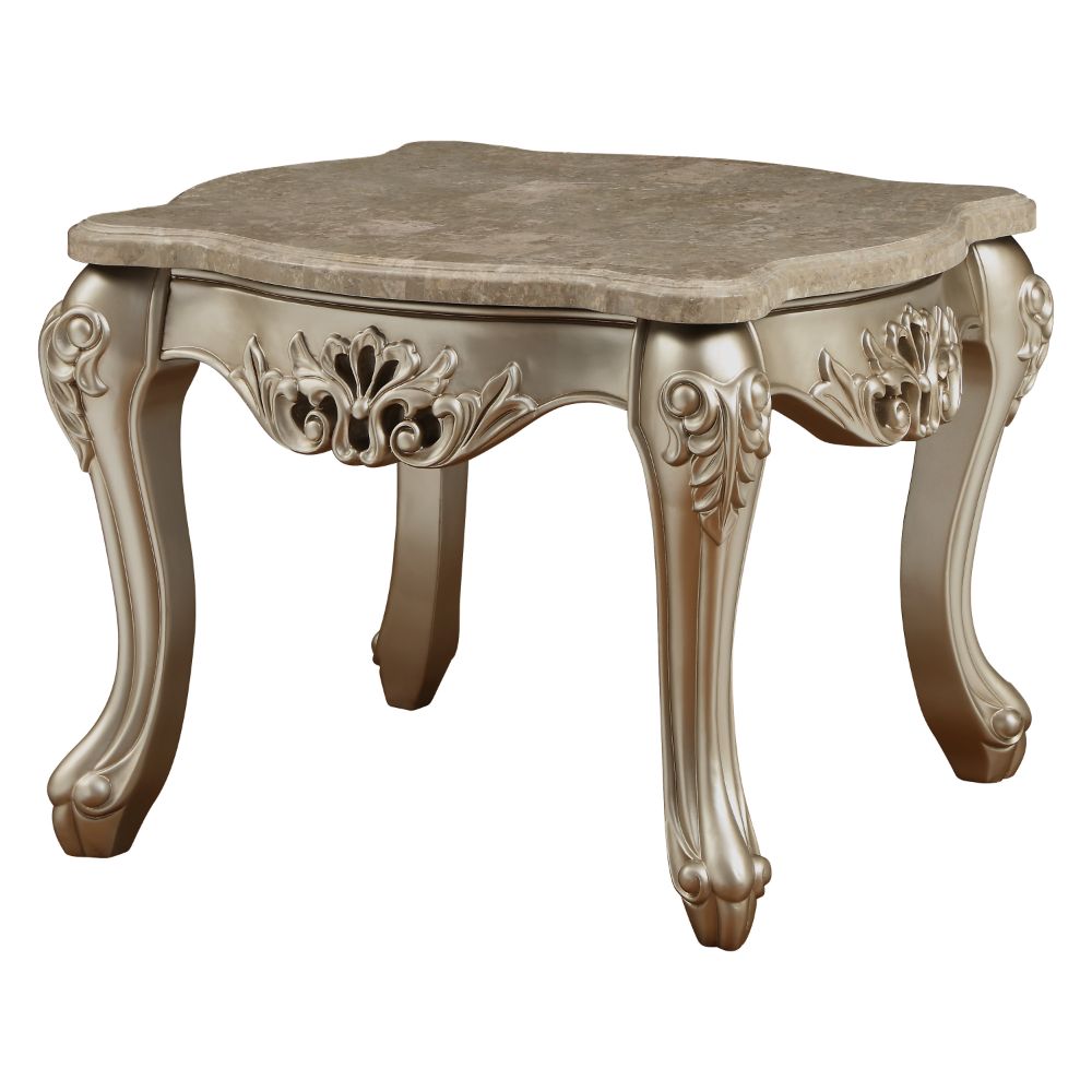 caryn end table, marble top & champagne finish