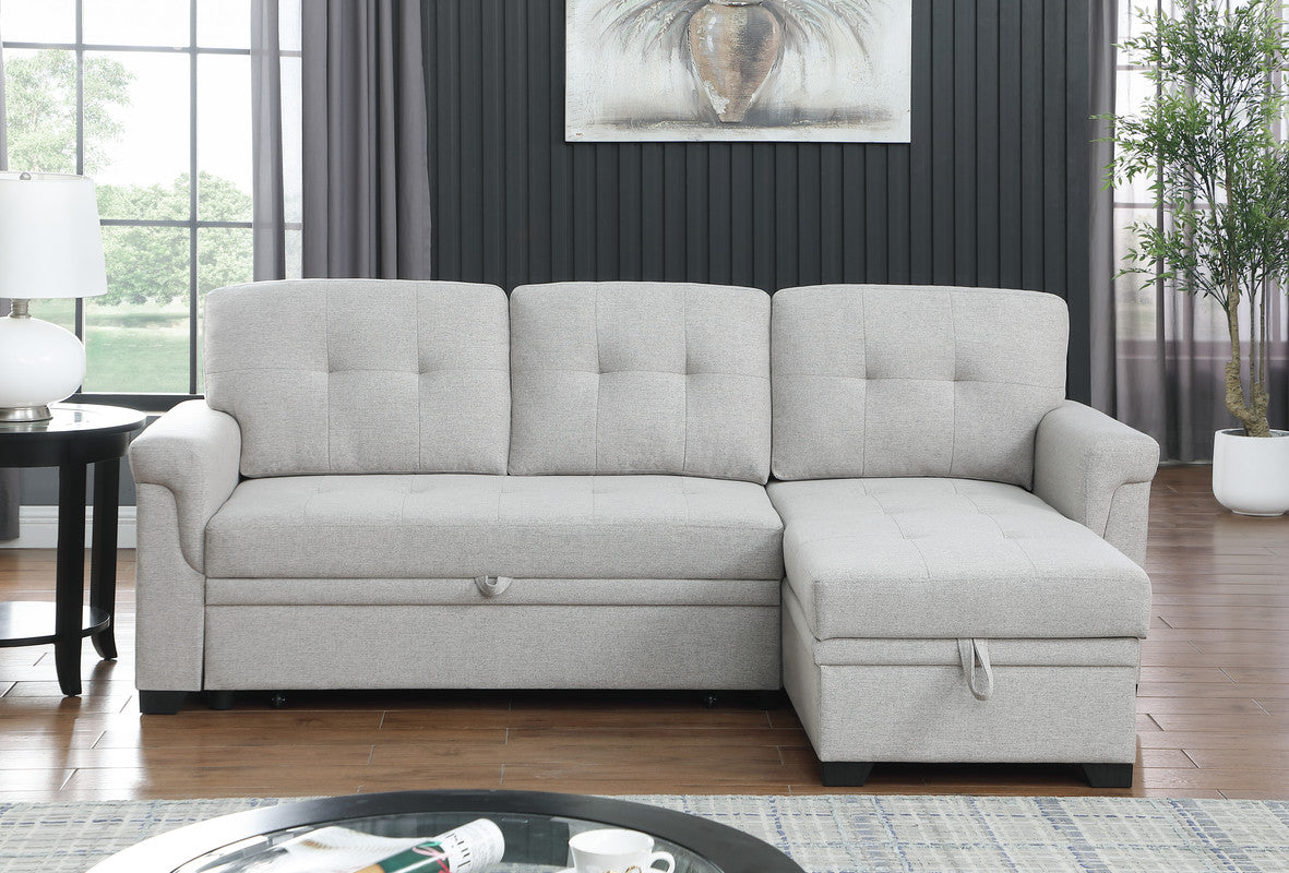 kaden light gray linen reversible sleeper sectional sofa with storage chaise