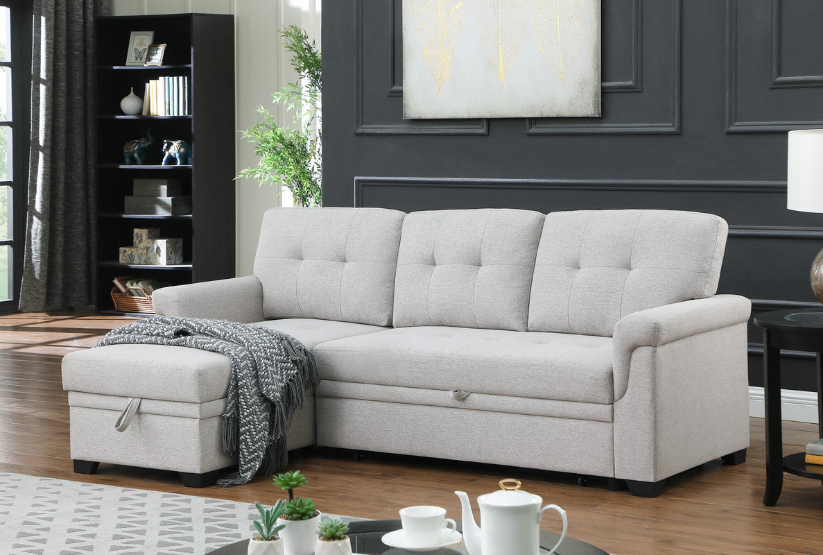 kaden light gray linen reversible sleeper sectional sofa with storage chaise