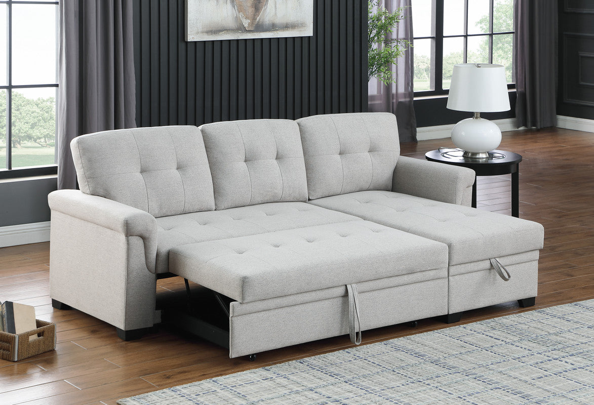 kaden light gray linen reversible sleeper sectional sofa with storage chaise