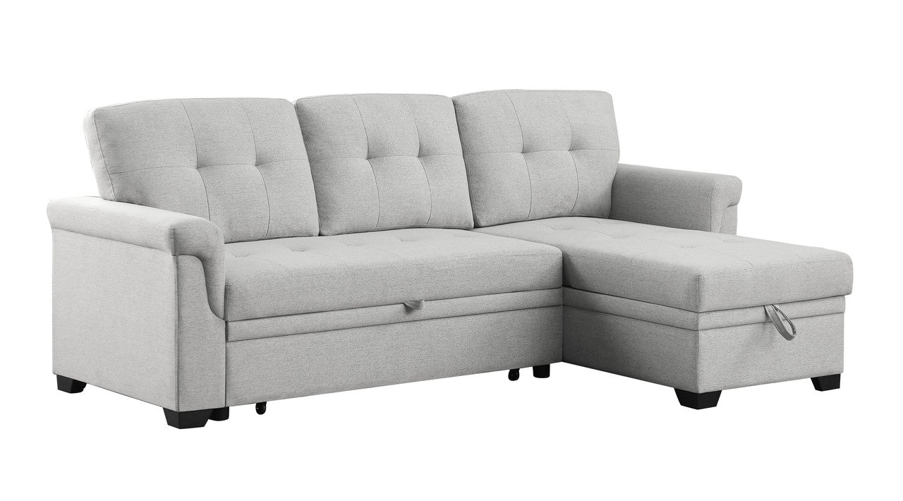 kaden light gray linen reversible sleeper sectional sofa with storage chaise