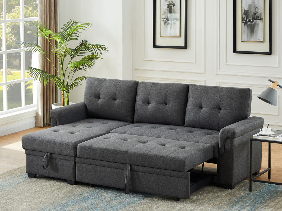 kaden dark gray linen reversible sleeper sectional sofa with storage chaise