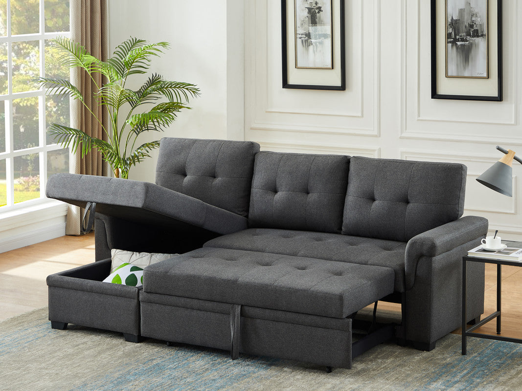 kaden dark gray linen reversible sleeper sectional sofa with storage chaise