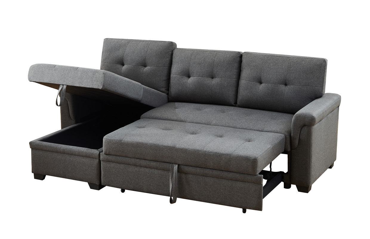 kaden dark gray linen reversible sleeper sectional sofa with storage chaise
