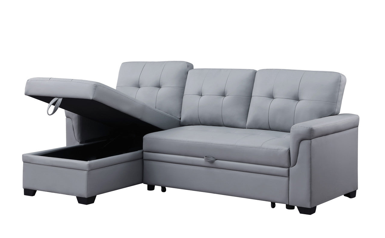 nova gray vegan leather modern reversible sleeper sectional sofa with storage chaise