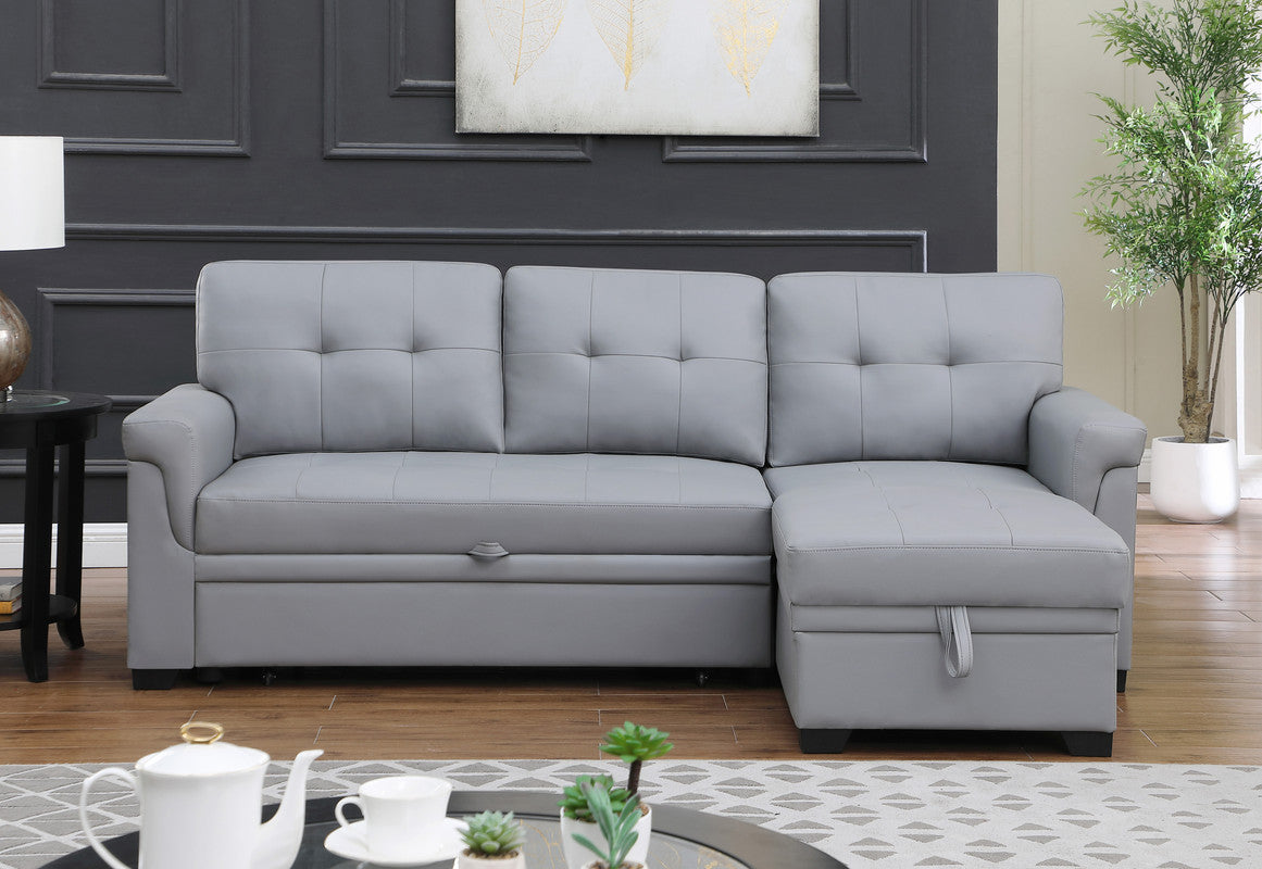 nova gray vegan leather modern reversible sleeper sectional sofa with storage chaise