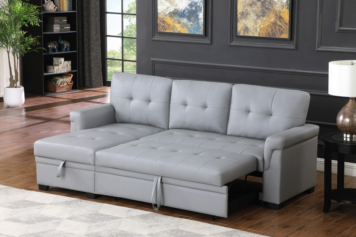 nova gray vegan leather modern reversible sleeper sectional sofa with storage chaise