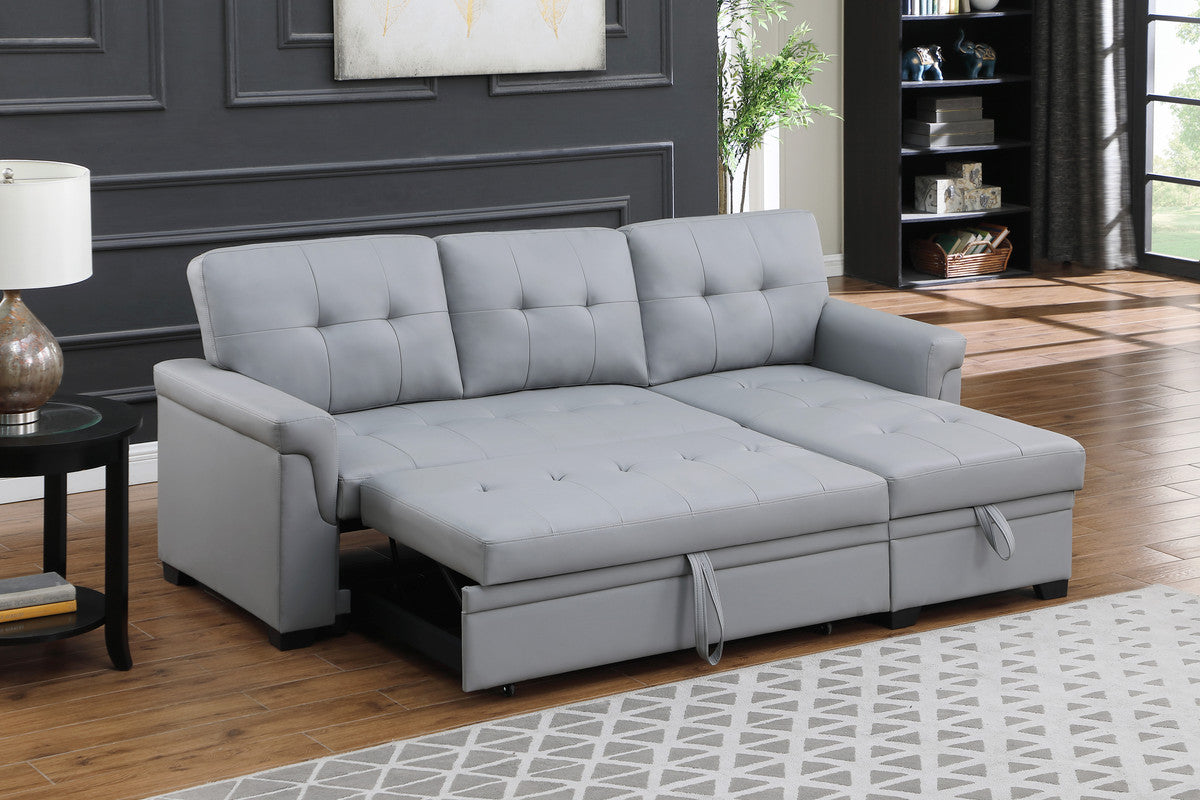 nova gray vegan leather modern reversible sleeper sectional sofa with storage chaise