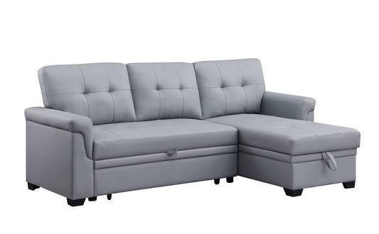 Nova Gray Vegan Leather Modern Reversible Sleeper Sectional Sofa with Storage Chaise