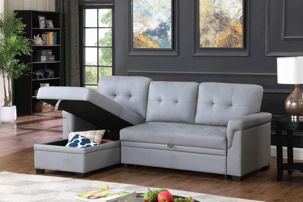 nova gray vegan leather modern reversible sleeper sectional sofa with storage chaise