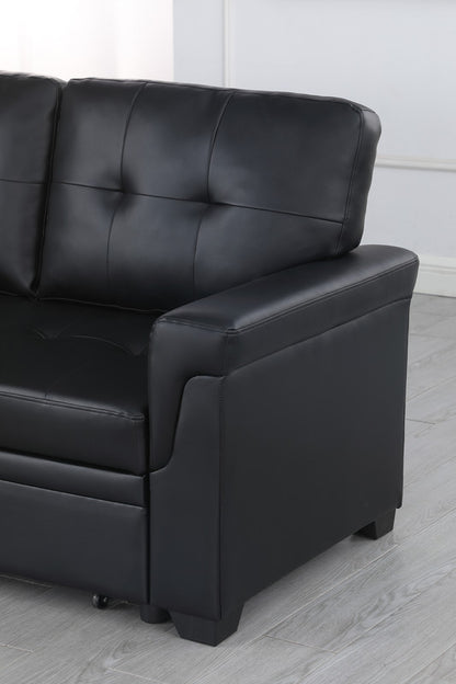 Nova Black Vegan Leather Modern Reversible Sleeper Sectional Sofa with Storage Chaise