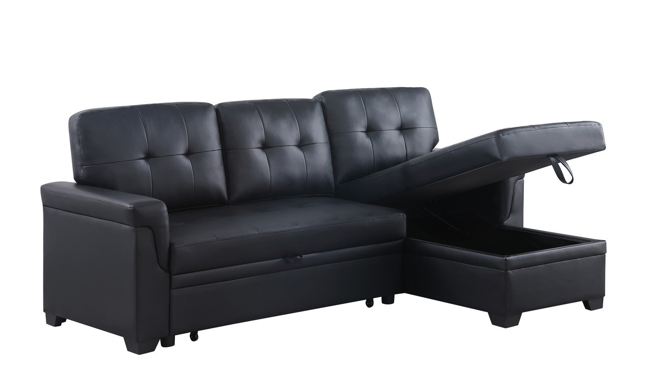 nova black vegan leather modern reversible sleeper sectional sofa with storage chaise