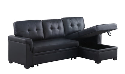 Nova Black Vegan Leather Modern Reversible Sleeper Sectional Sofa with Storage Chaise