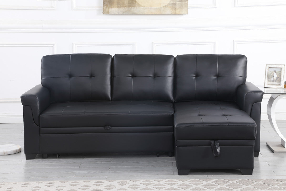 nova black vegan leather modern reversible sleeper sectional sofa with storage chaise