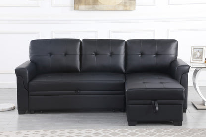 Nova Black Vegan Leather Modern Reversible Sleeper Sectional Sofa with Storage Chaise