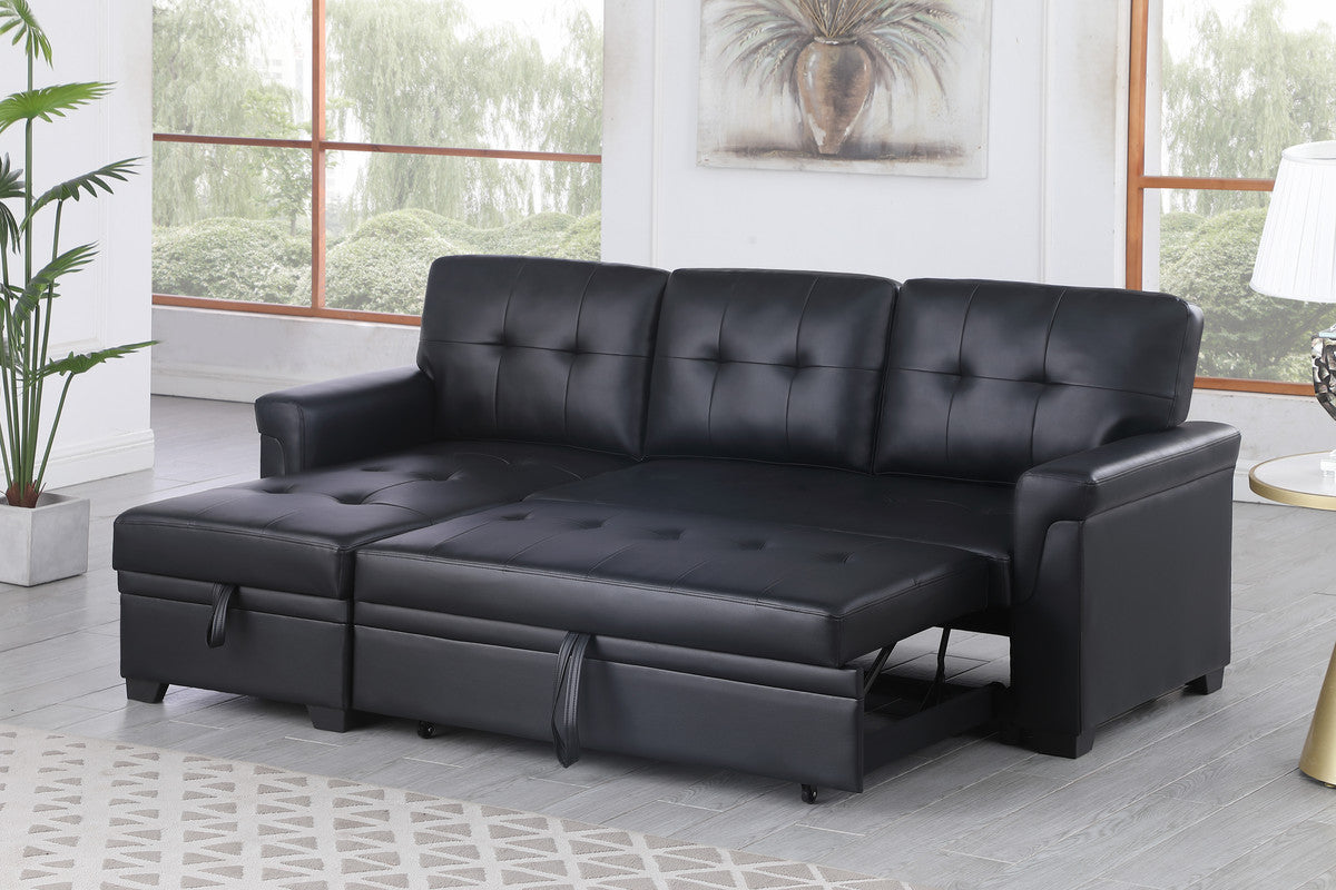 nova black vegan leather modern reversible sleeper sectional sofa with storage chaise