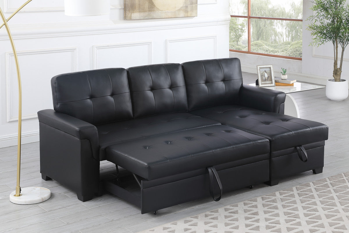 nova black vegan leather modern reversible sleeper sectional sofa with storage chaise