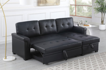 Nova Black Vegan Leather Modern Reversible Sleeper Sectional Sofa with Storage Chaise