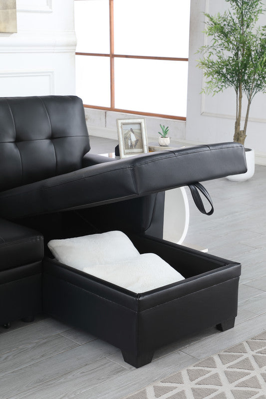 nova black vegan leather modern reversible sleeper sectional sofa with storage chaise