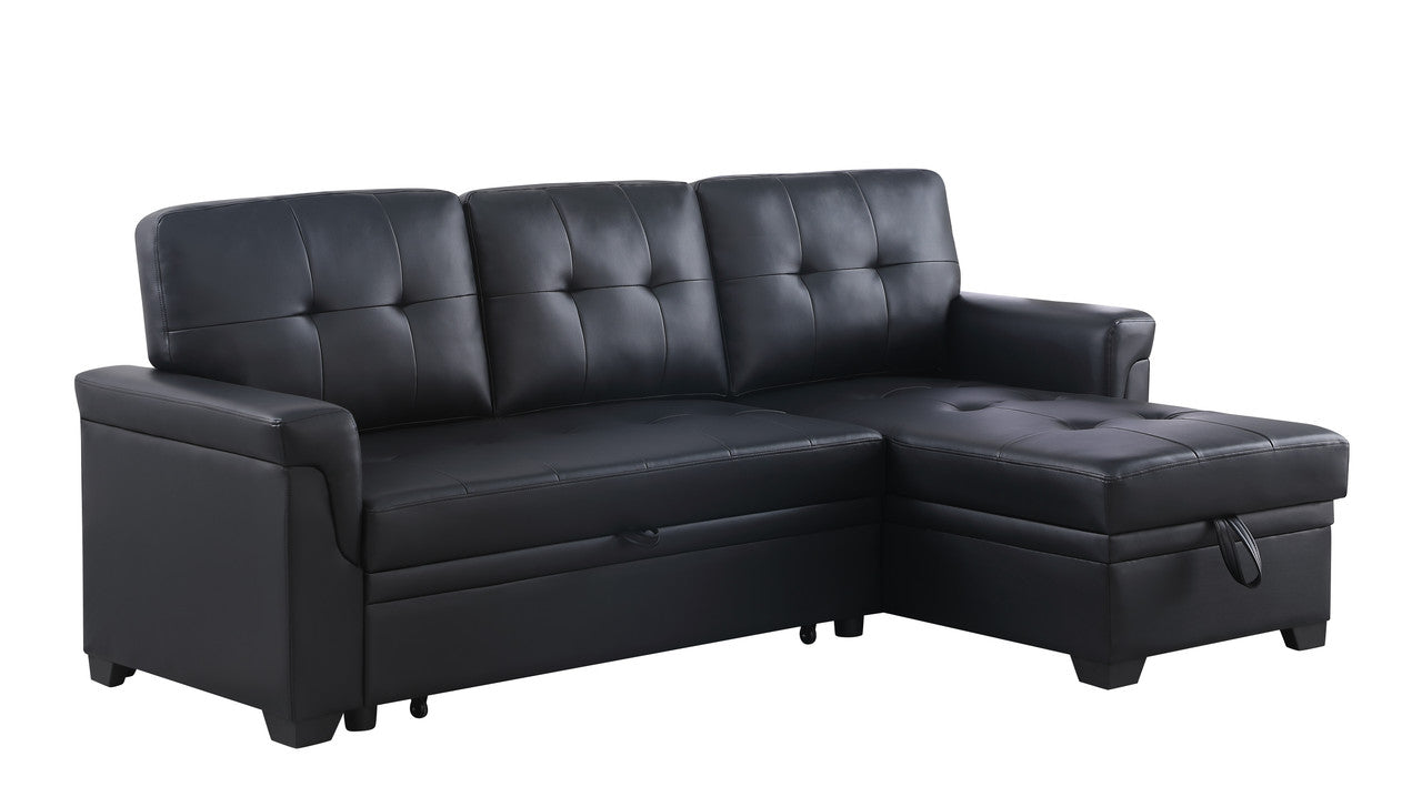 nova black vegan leather modern reversible sleeper sectional sofa with storage chaise