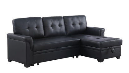 Nova Black Vegan Leather Modern Reversible Sleeper Sectional Sofa with Storage Chaise