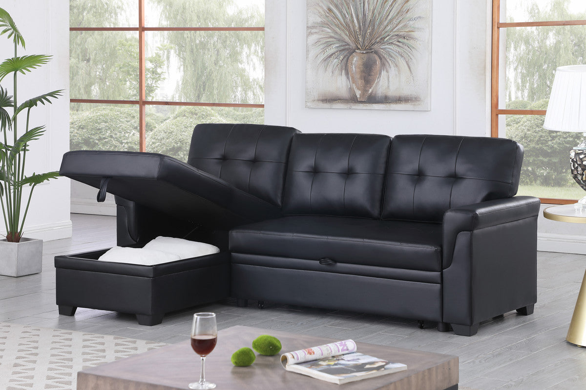 nova black vegan leather modern reversible sleeper sectional sofa with storage chaise