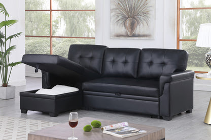 Nova Black Vegan Leather Modern Reversible Sleeper Sectional Sofa with Storage Chaise